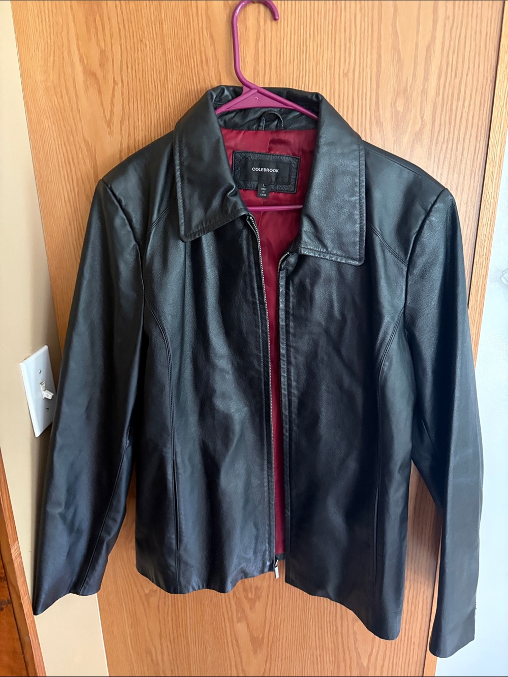 Colebrook Men's Black Leather Bomber Jacket with Burgundy Lining